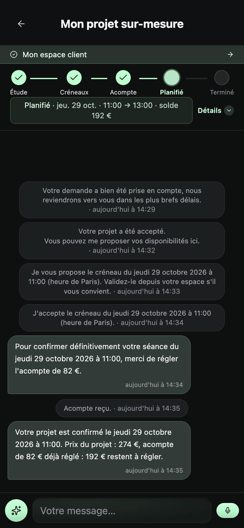 La page de réservation, acompte réglé, côté client.