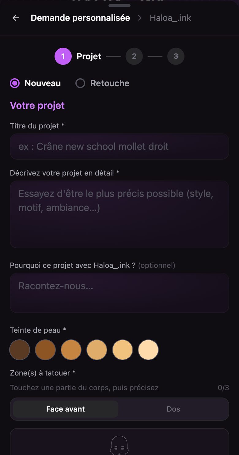 Le formulaire de demande sur téléphone : le projet, la zone, la taille, les références.