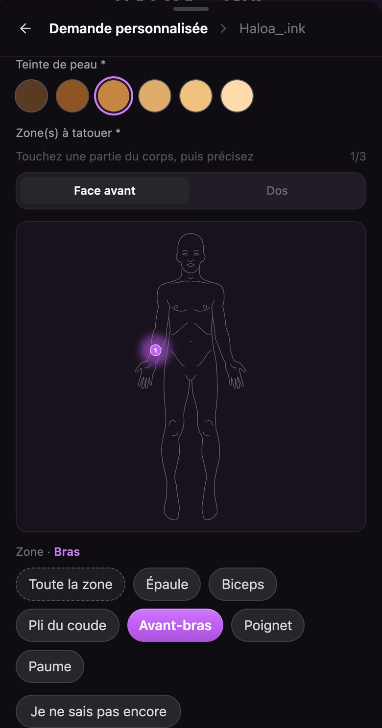 La zone à tatouer choisie sur une silhouette : le bras, puis l'avant-bras.