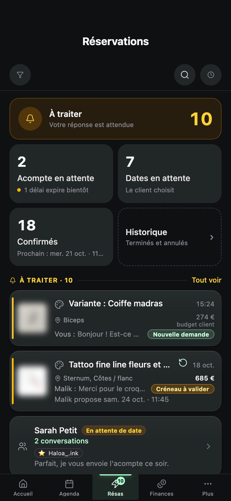La demande dans la liste, côté pro.