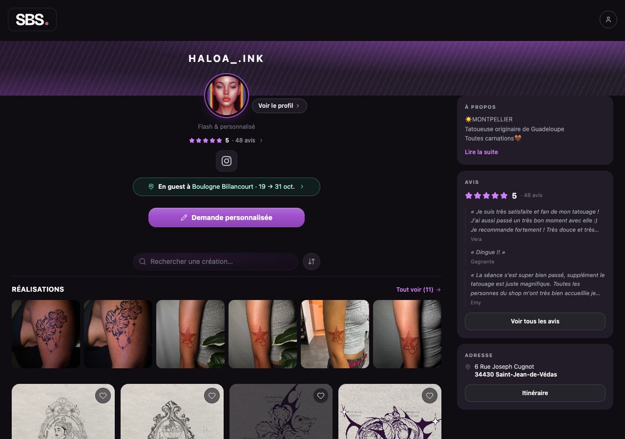 Page publique d'une tatoueuse : présentation, avis, prochain déplacement, demande personnalisée et réalisations.